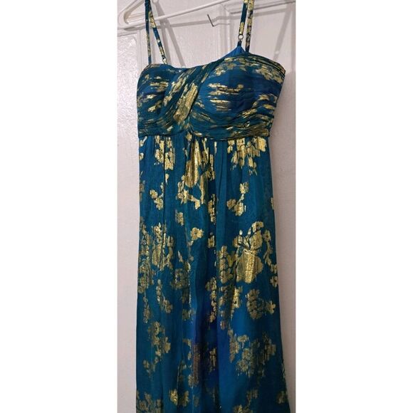 Oleg Cassini Womens elegant Small gold teal blue dress Silk long floor length - Picture 3 of 8